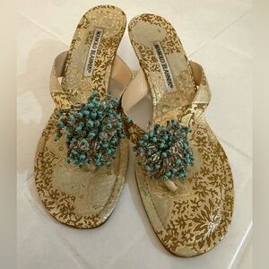 Manolo Blahnik Gold Sandals with Turquoise Accents